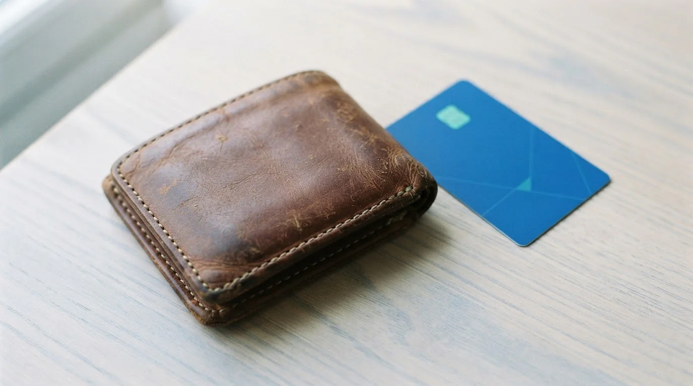 Bankkarte neben einer ledernen Geldbörse auf einer hellen Tischplatte