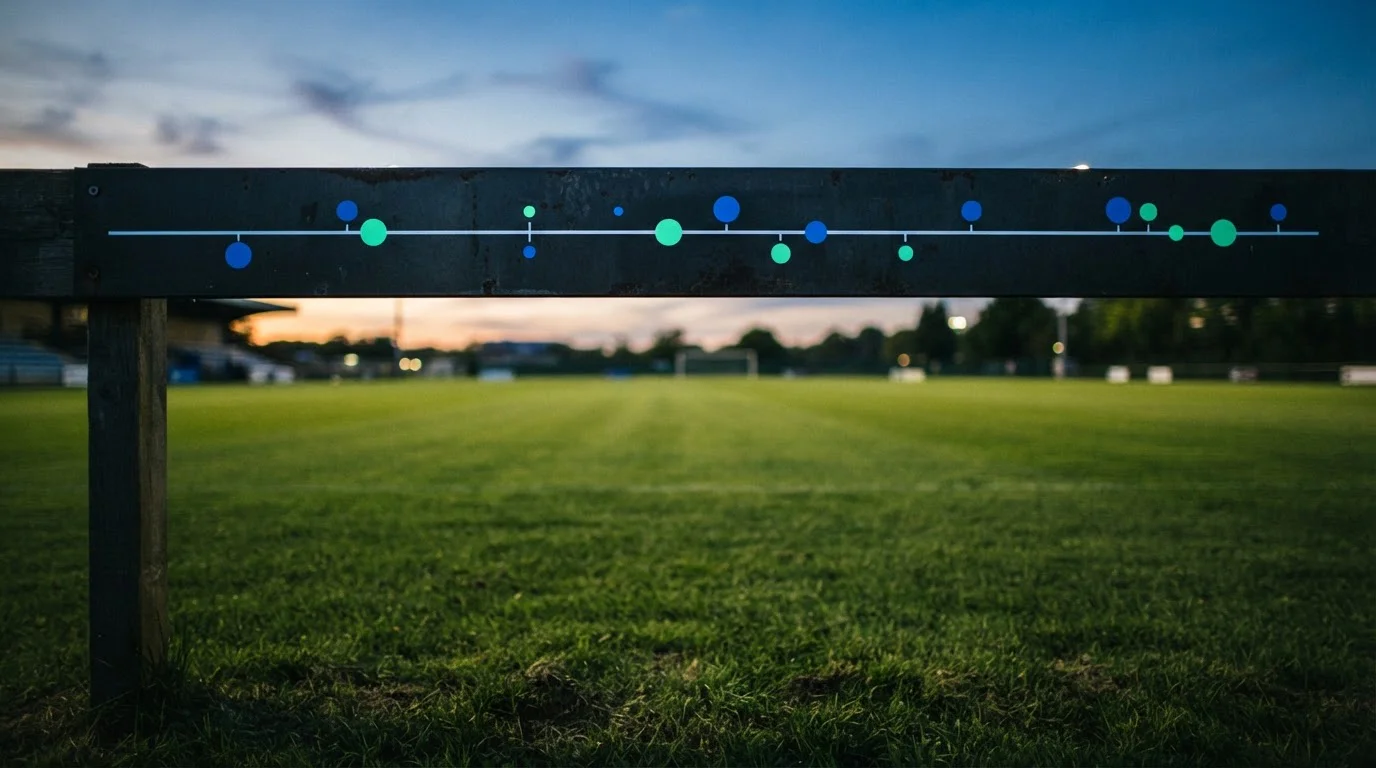 Dunkle Zeitleiste mit farbigen Markierungen über einem abendlichen Spielfeld