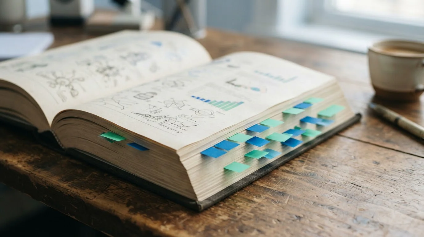 Aufgeschlagenes Nachschlagebuch mit farbigen Seitenmarkierungen auf einem Holztisch
