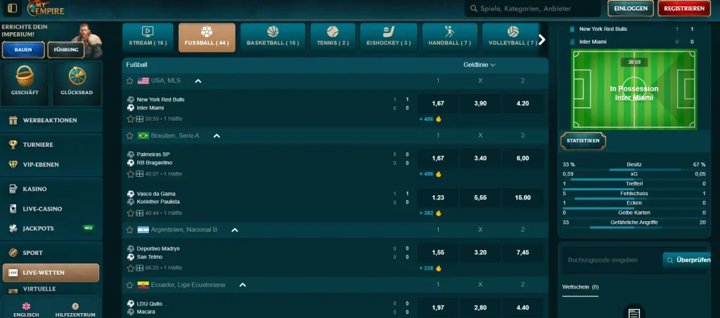 Live-Wetten-Bereich mit Navigation zu verschiedenen Sportarten