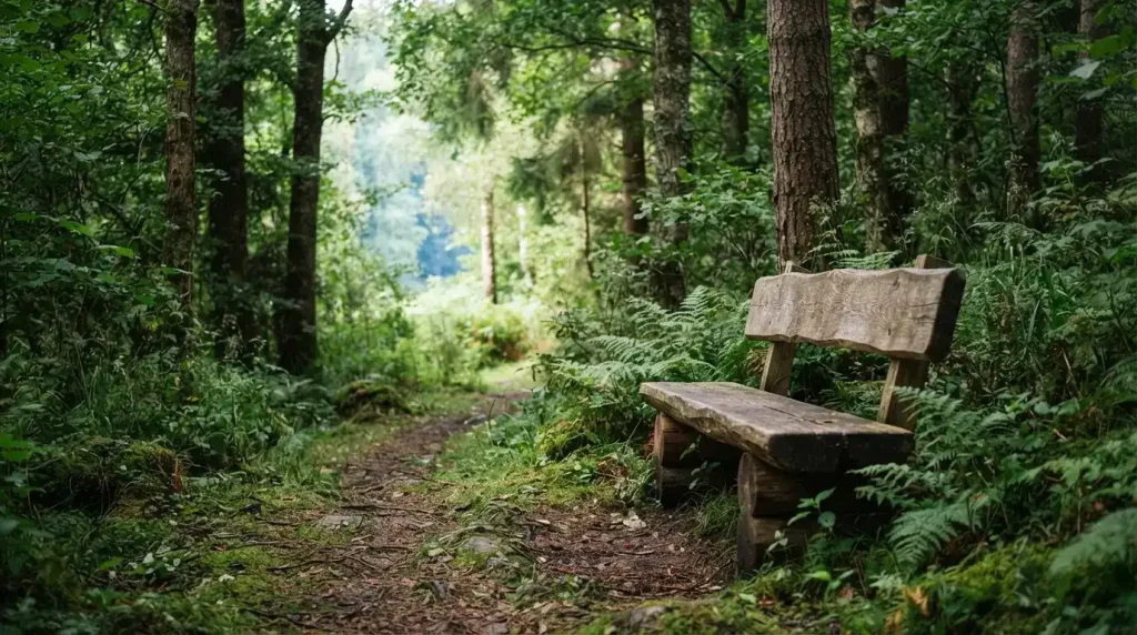 Ruhige Holzbank neben einem Waldweg im Tageslicht