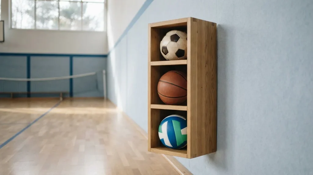 Regal mit Fußbällen, Basketball und weiteren Sportbällen in einer Halle
