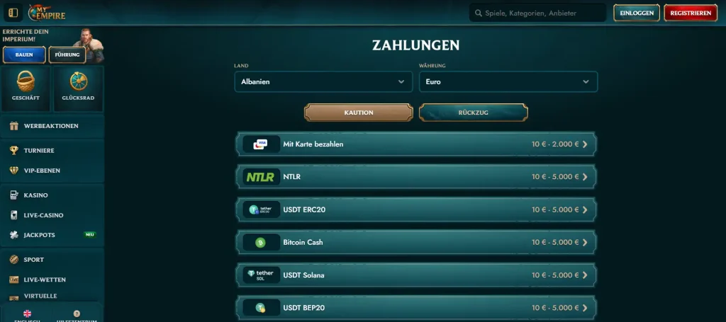 Zahlungsübersicht mit Auswahl für Einzahlungen und Auszahlungen